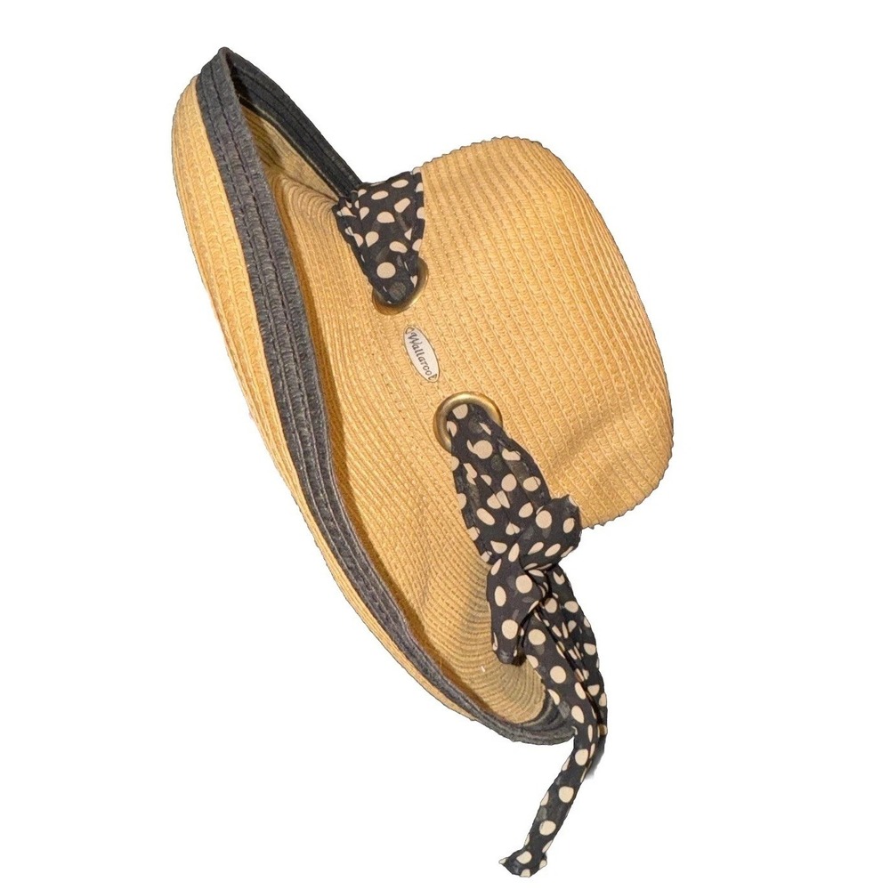 Wallaroo Julia Paper Straw Up Brim Hat Polka Dot Chiffon Bow Coastal Cottagecore